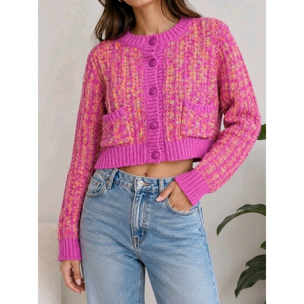 Forever 21 Women's Medium Pink Multicolor Chunky Knit Cropped Cardigan Button